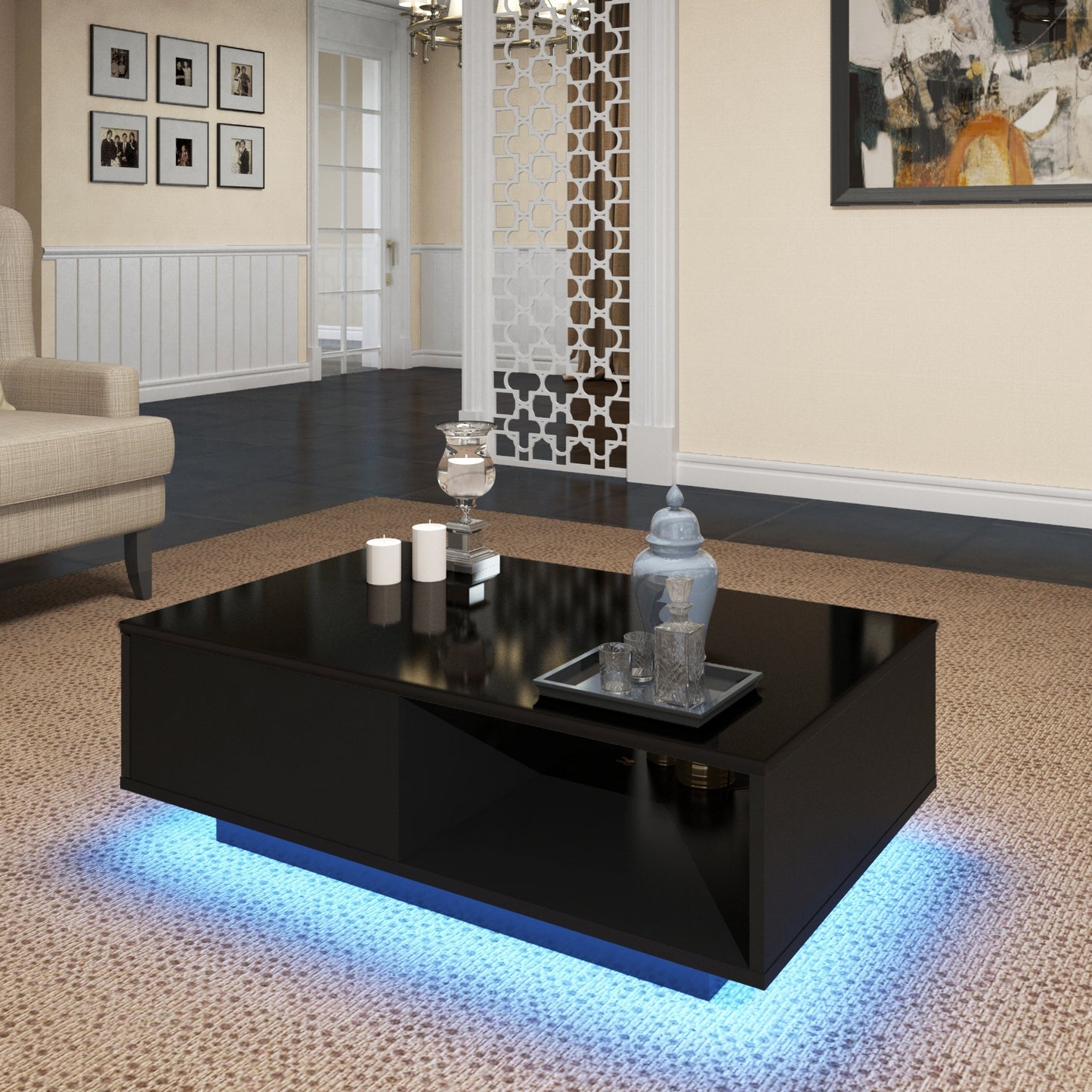 Modern LED Light Coffee Tea Table with Storage Drawer & Shelf High Gloss Living Room Black