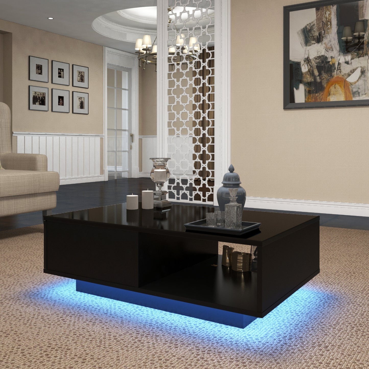 Modern LED Light Coffee Tea Table with Storage Drawer & Shelf High Gloss Living Room Black