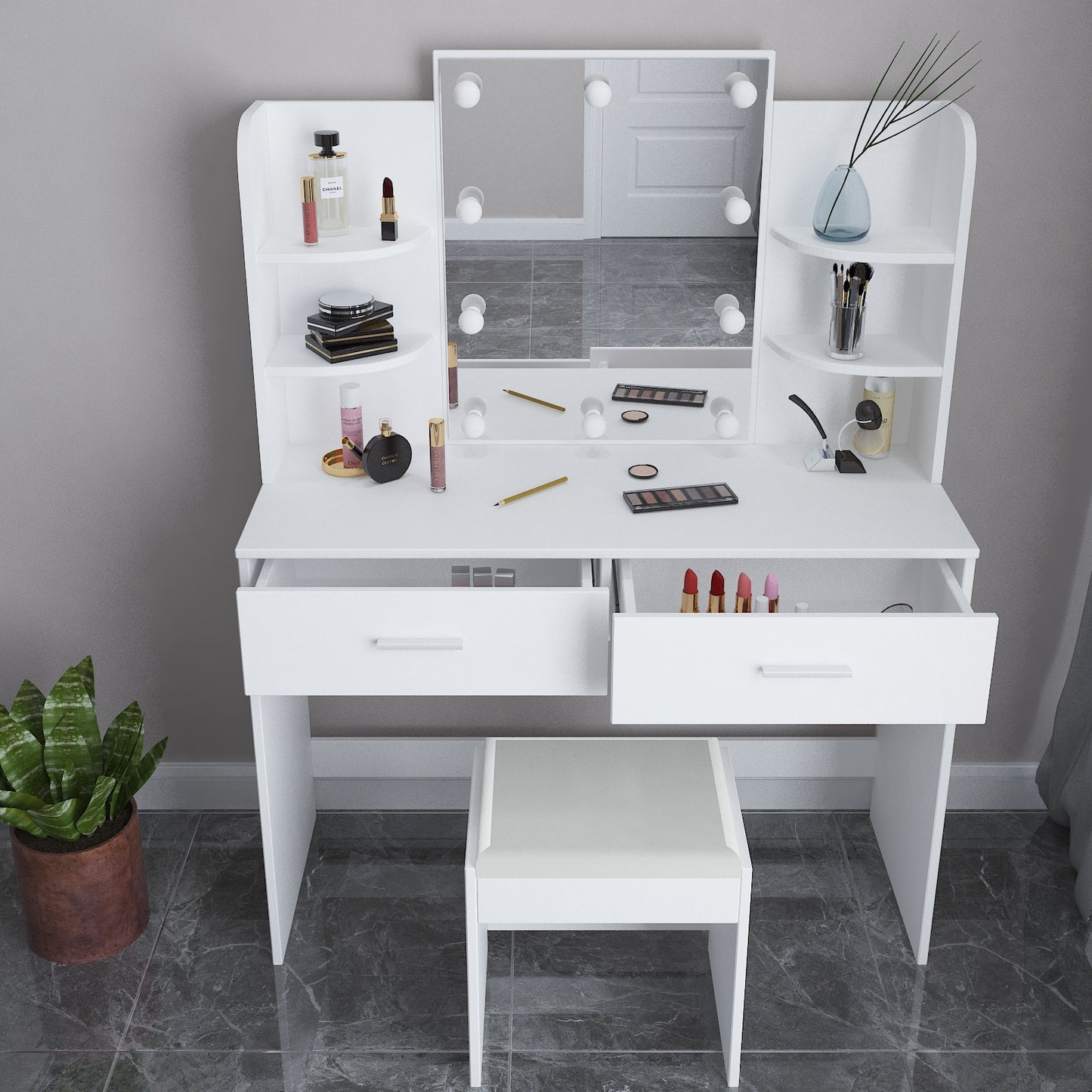 Dressing Table Mirror Makeup Jewellery Cabinet w/Light Bulbs Stool White