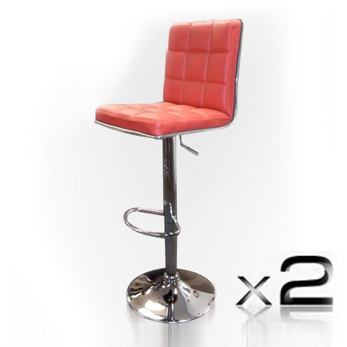 Set of 2 Red Faux-Leather Padded Bar Stools Height Adjustable