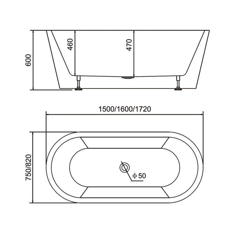Bathroom Free Standing Bath Tub 1720x820x600 Thin Edge Freestanding (Allure-1720)