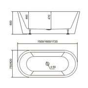 Bathroom Free Standing Bath Tub 1720x820x600 Thin Edge Freestanding (Allure-1720)
