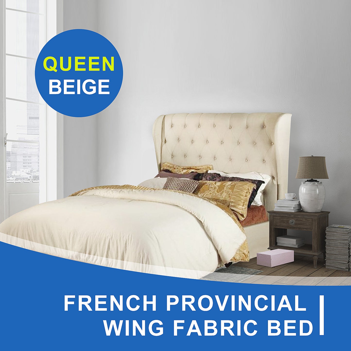 French Provincial Wing Fabric Bed Frame Queen Beige