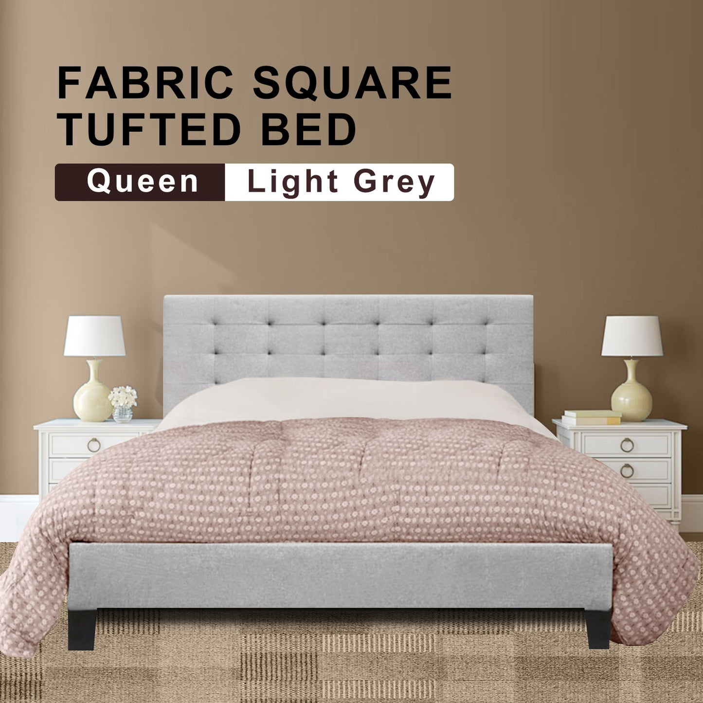 Fabric Bed Frame (Queen size, Grey color)