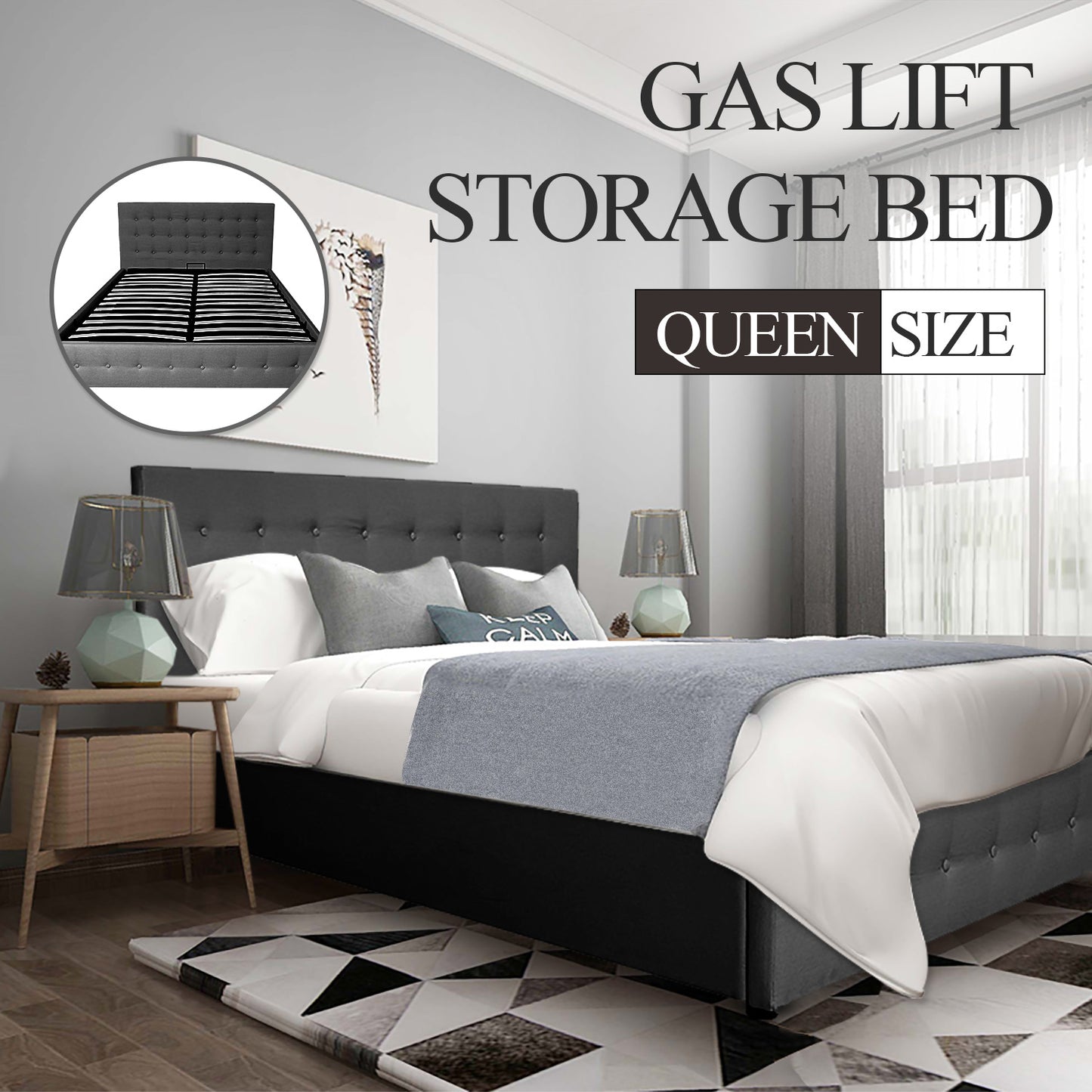 Scandinavian Fabric Square Tufted Gas Lift Storage Bed Frame Queen Charcoal