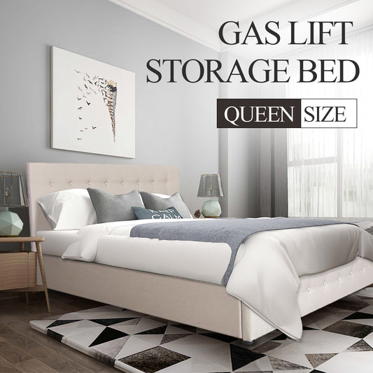 Scandinavian Fabric Square Tufted Gas Lift Storage Bed Frame Queen Beige