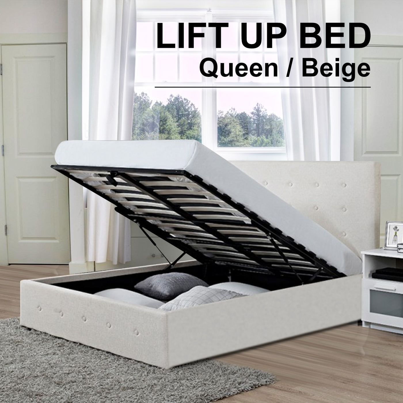 Scandinavian Fabric Square Tufted Gas Lift Storage Bed Frame Queen Beige