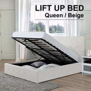 Scandinavian Fabric Square Tufted Gas Lift Storage Bed Frame Queen Beige