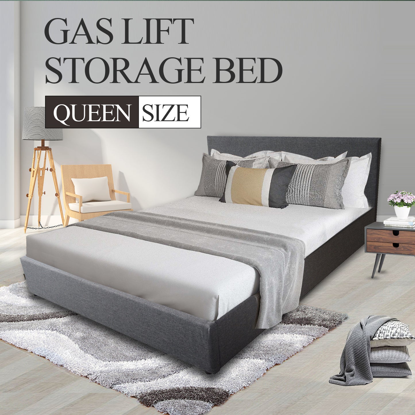 Fabric Gas Lift Storage Bed Frame Queen Charcoal CB120