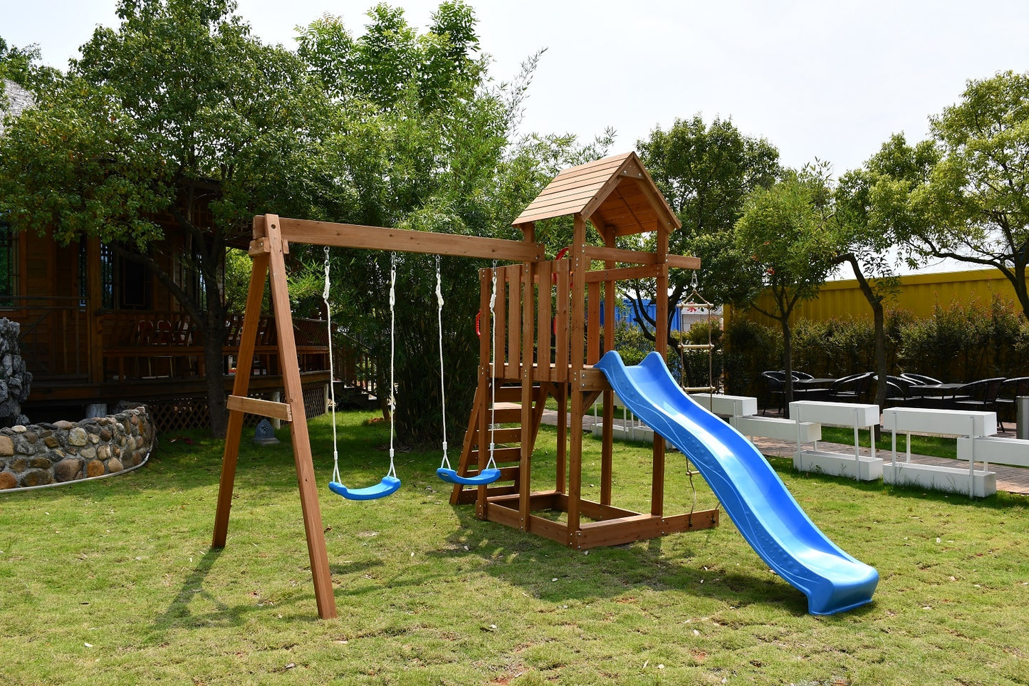 Backyard Wooden Swing Climb & Slide Set Playset 