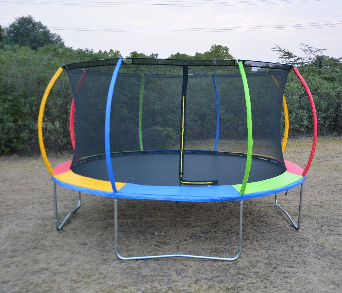 14ft Rainbow Trampoline & Enclosure Ladder Basketball Hoop Set