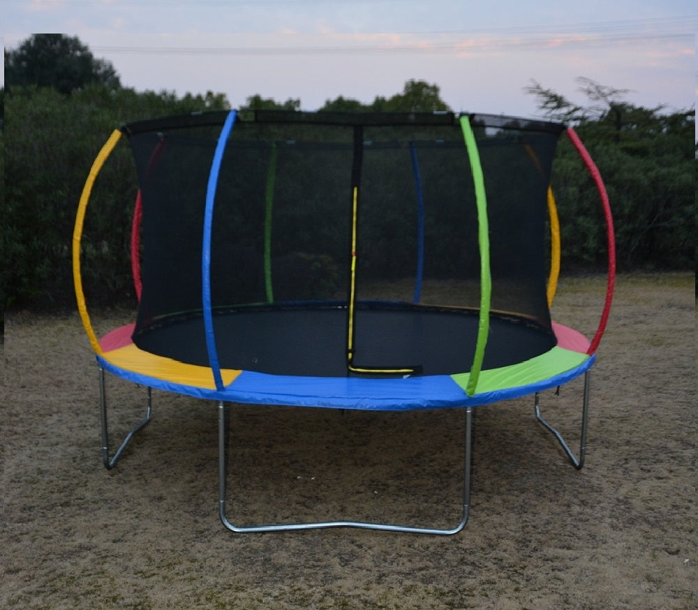 12ft Rainbow Colorful Trampoline & Enclosure Ladder Basketball Hoop Complete Set