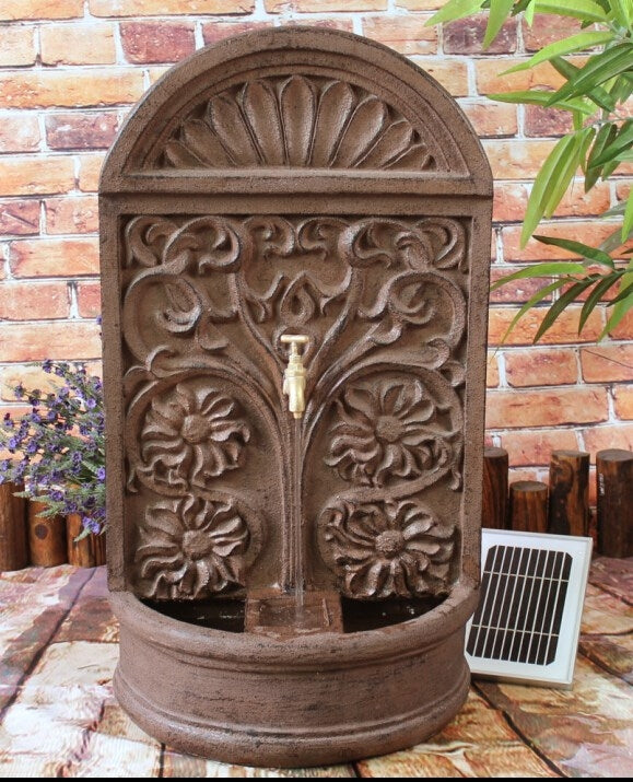 Garden Solar Wall Water Fountain Feature Copper Tuscan Indoor Outdoor 72cm