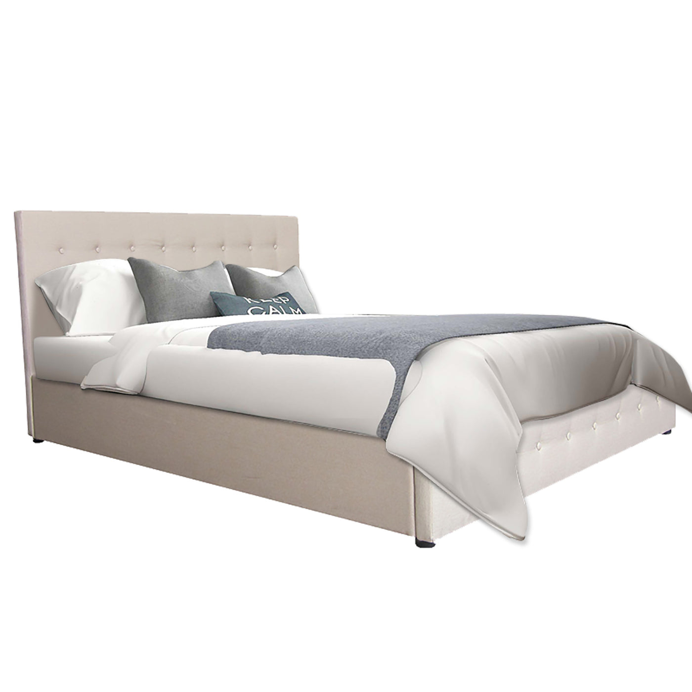 Scandinavian Fabric Square Tufted Gas Lift Storage Bed Frame Queen Beige