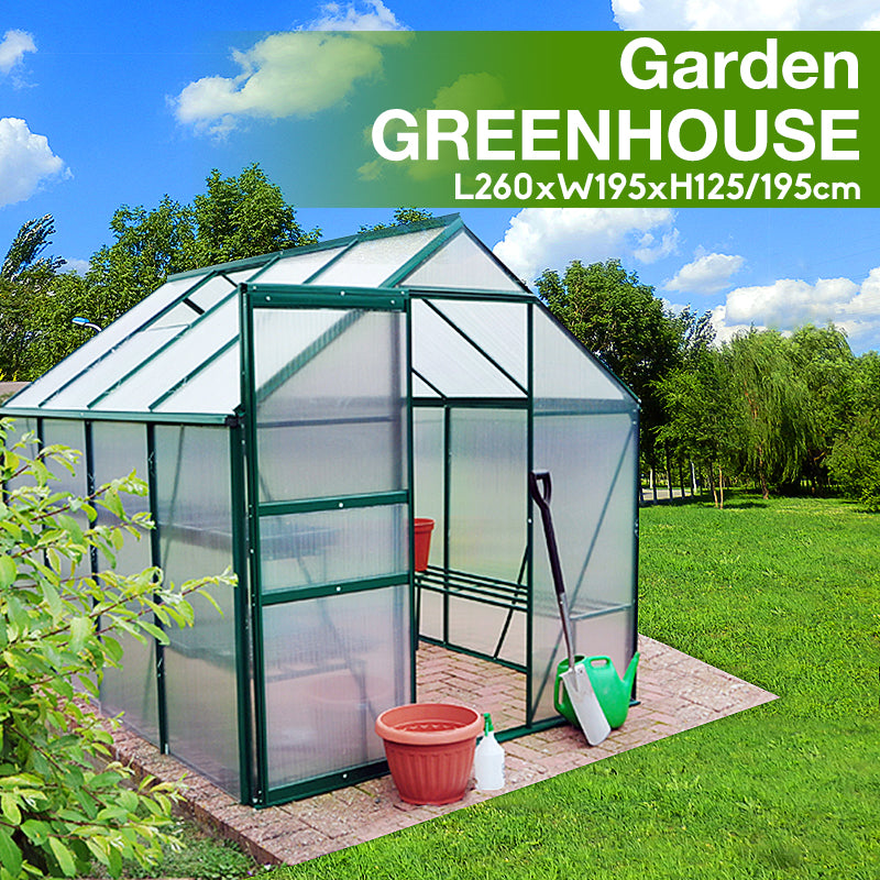 Polycarbonate & Aluminium Walk-in Greenhouse L260xW195cm Green (6mm Panel)