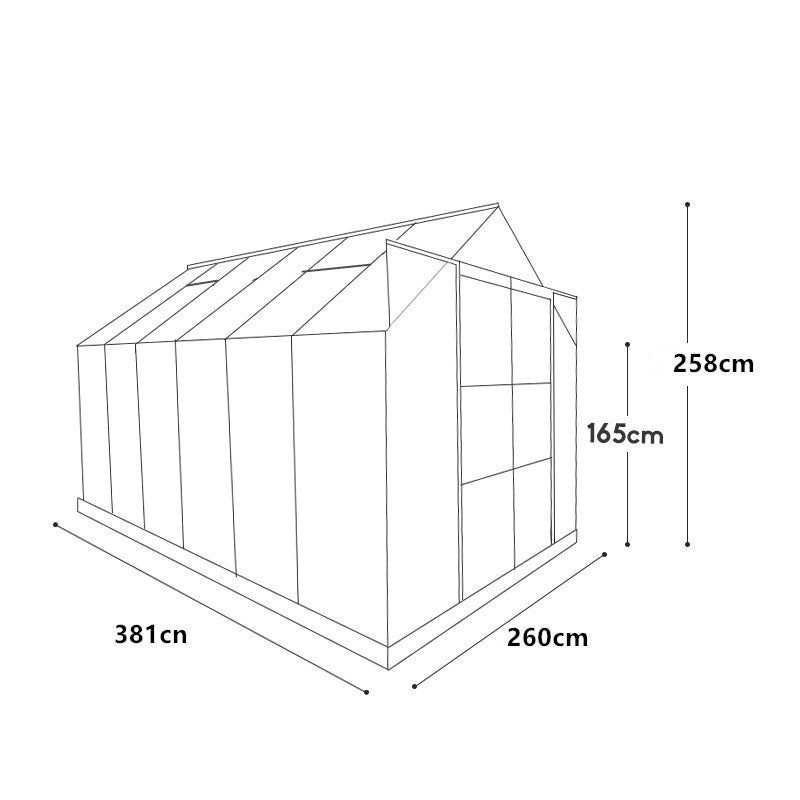 Polycarbonate & Aluminium Walk-in Greenhouse L381xW260cm Green (6mm double-walled Panel)