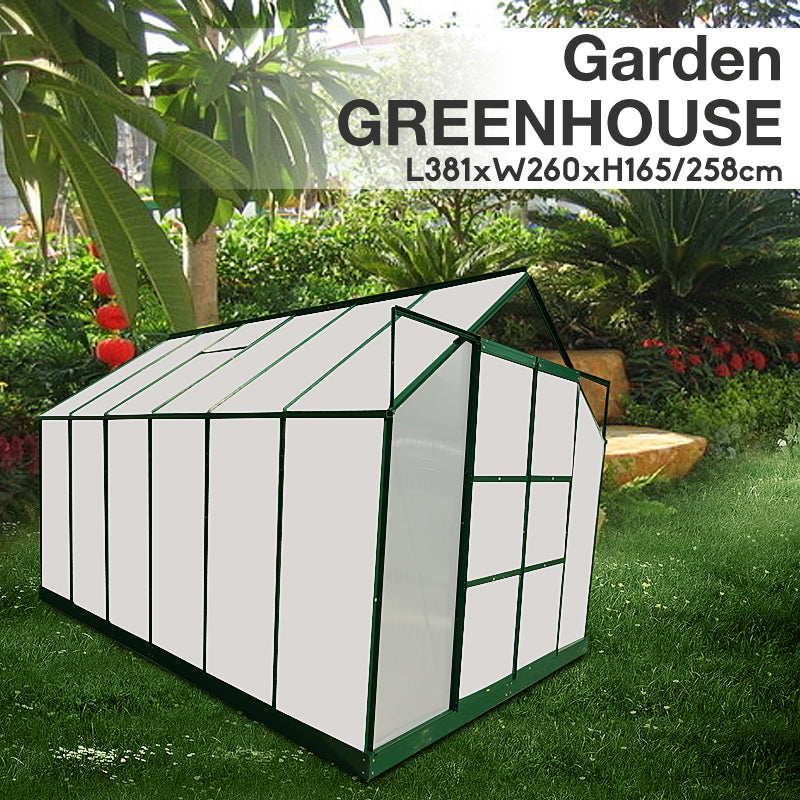 Polycarbonate & Aluminium Walk-in Greenhouse L381xW260cm Green (6mm Panel)