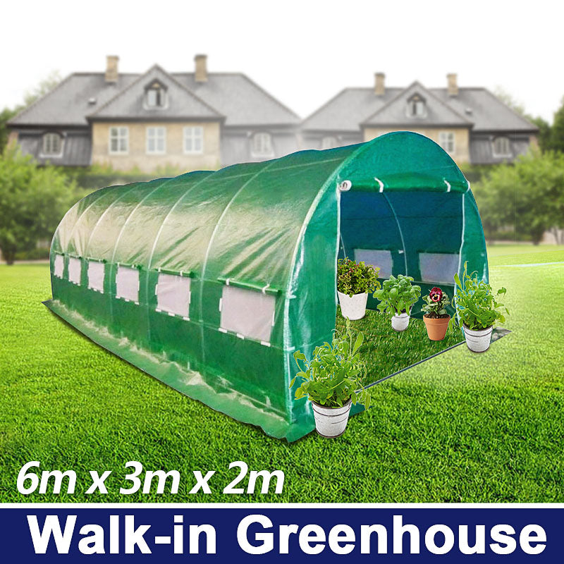 6m x 3m Heavy Duty 0.8x25mm Galvanised Frame Walk-in PE Polytunnel Greenhouse