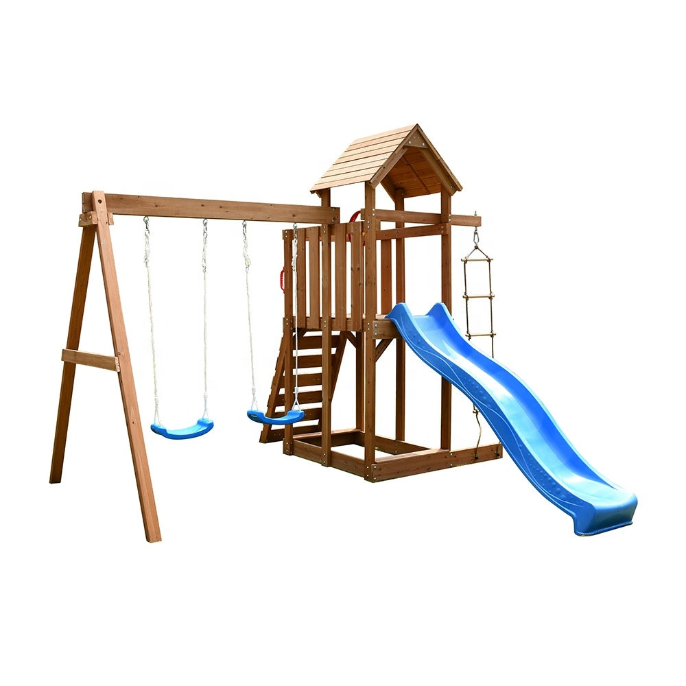 Outdoor Wooden Swing Climb & Slide Set Playset for Backyard 2200mm Slide