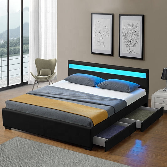 LED Bed Frame Queen Full Size with 4 Drawers Black PU Leather