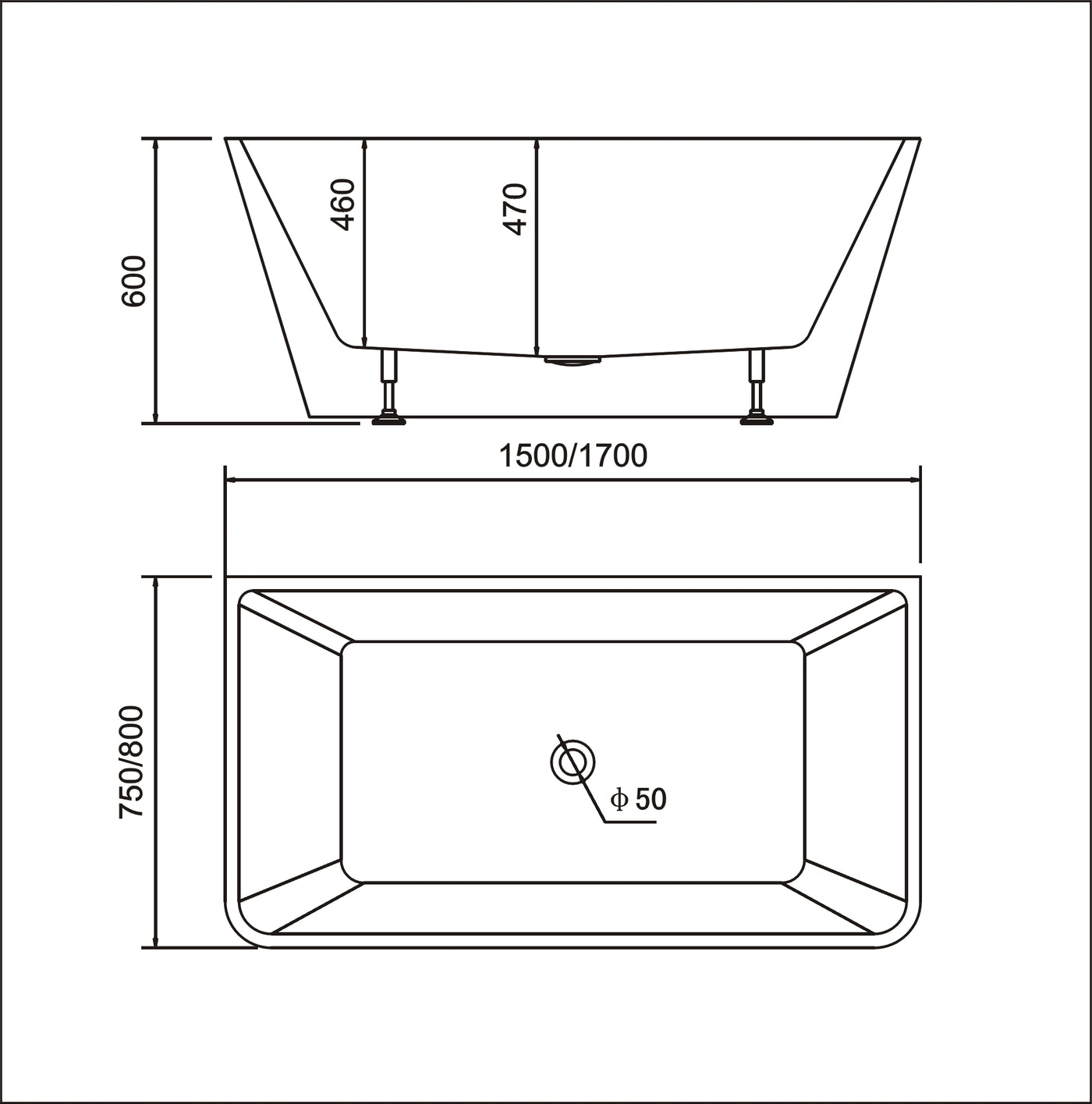 Bathroom Acrylic Free Standing Bath Tub Thin Edge 1500 x 750 x 600 Freestanding (linea slim)