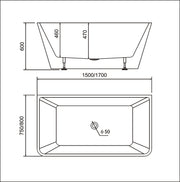 Bathroom Acrylic Free Standing Bath Tub Thin Edge 1500 x 750 x 600 Freestanding (linea slim)