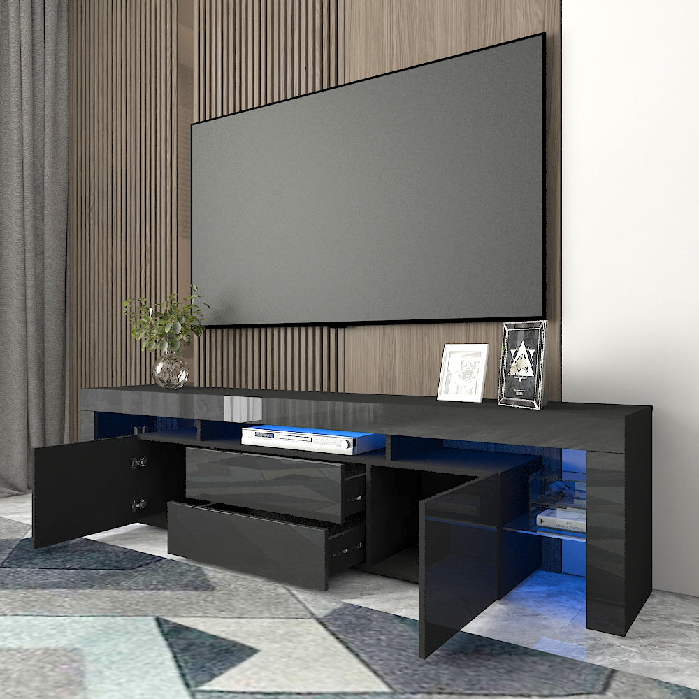 Modern 2 level LED TV Cabinet Entertainment Unit Stand High Gloss Furniture 200cm Black MLD06-2