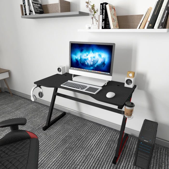 Gaming Desk Z Shaped Computer Desk with LED Lights Cup Holder Headphone Hook 120x60x75cm