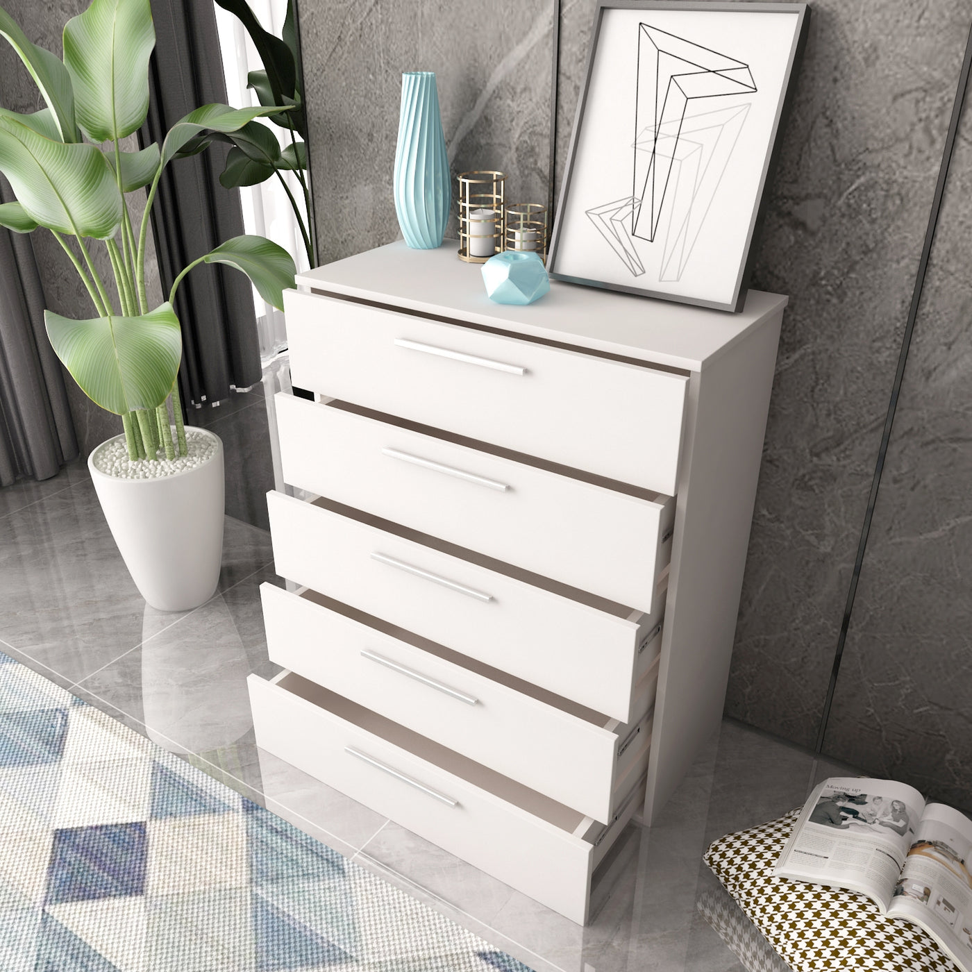 5-Drawer Chest White Storage Modern Cabinet 90cm Height