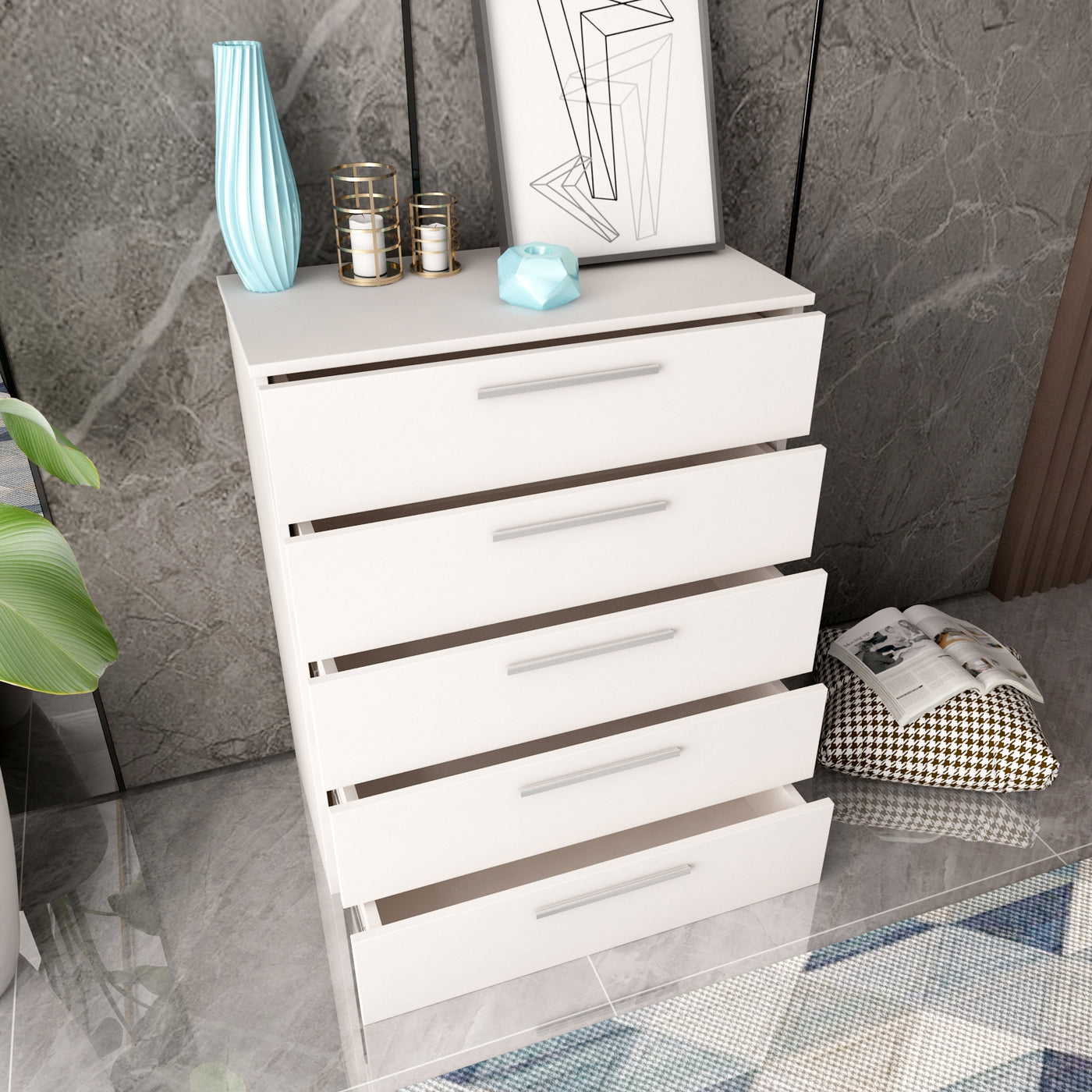 5-Drawer Chest White Storage Modern Cabinet 90cm Height