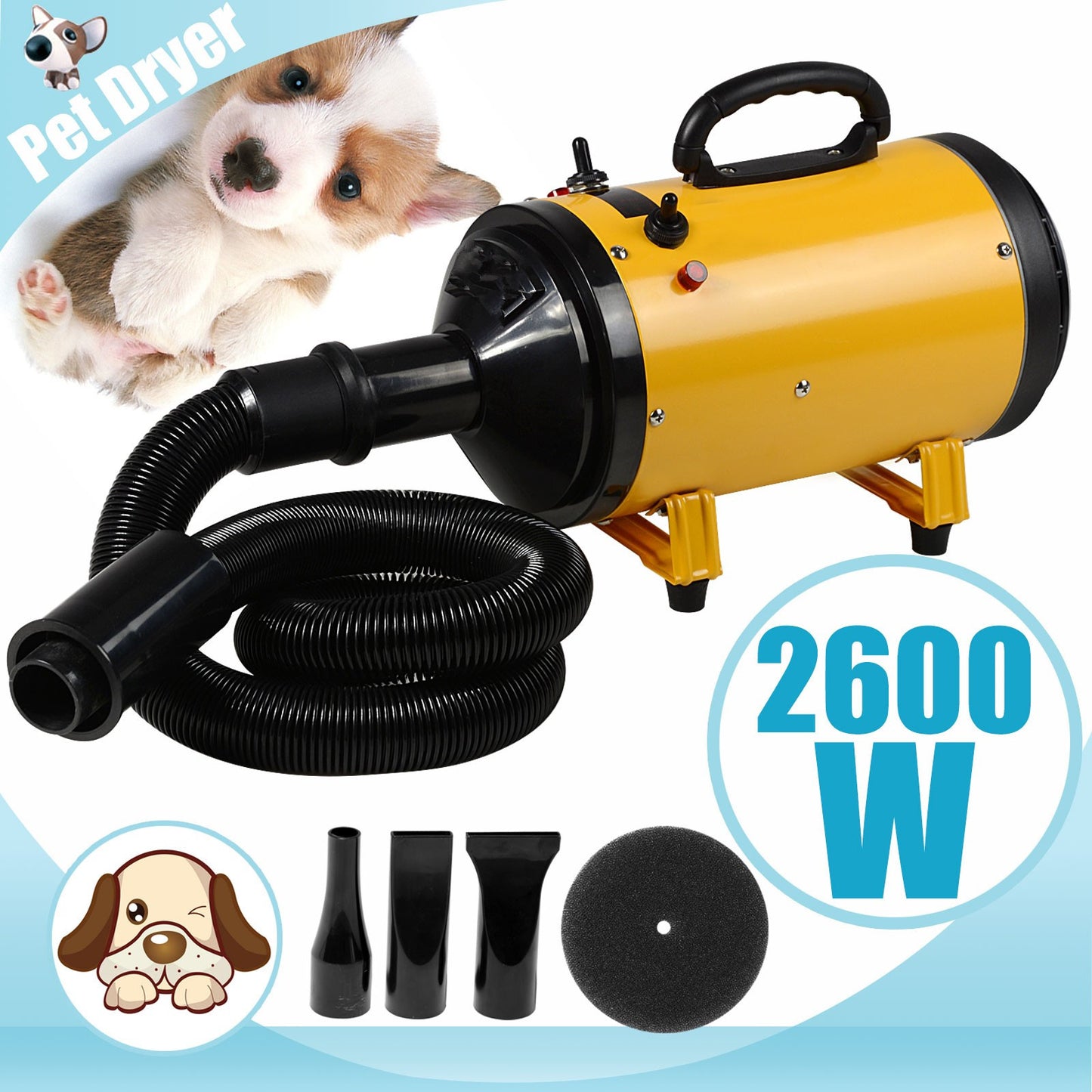 2600W Dog Cat Pet Dryer Grooming Heater Blaster Hair Blower 3 Nozzles
