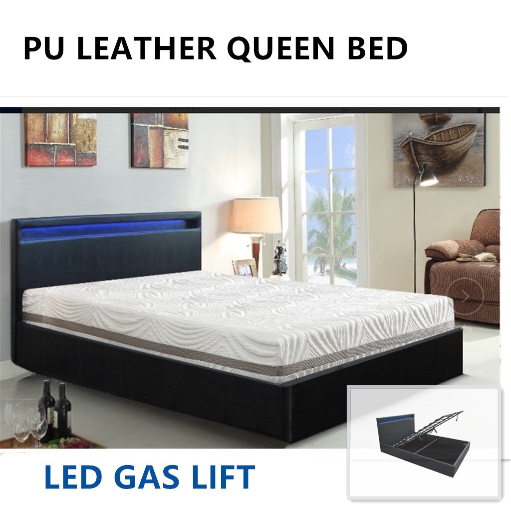 LED Bed Frame Queen Full Size Gas Lift Base With Storage Black PU Leather