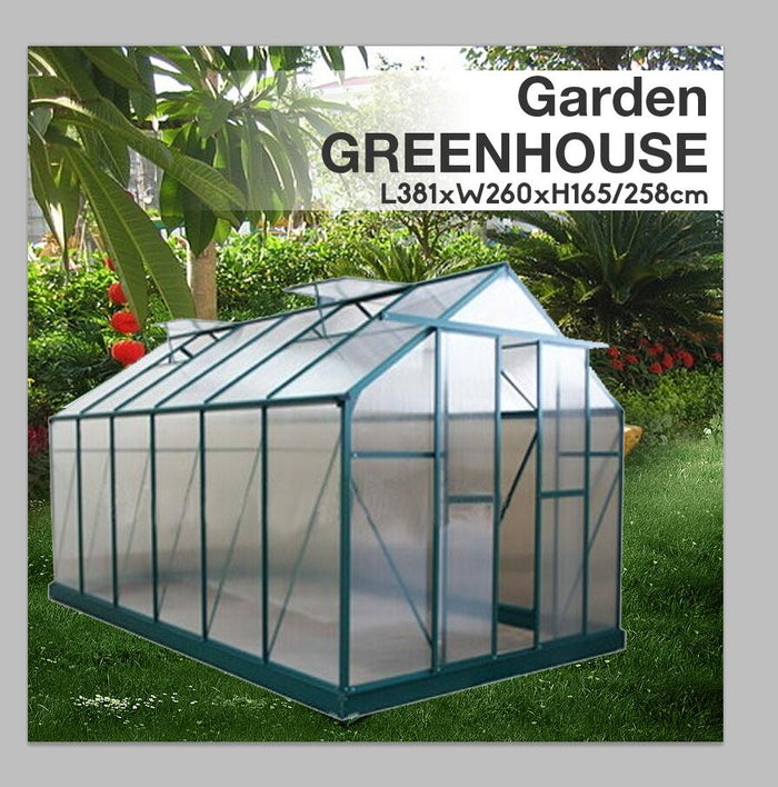 Polycarbonate & Aluminium Walk-in Greenhouse L381xW260cm Green (6mm double-walled Panel)