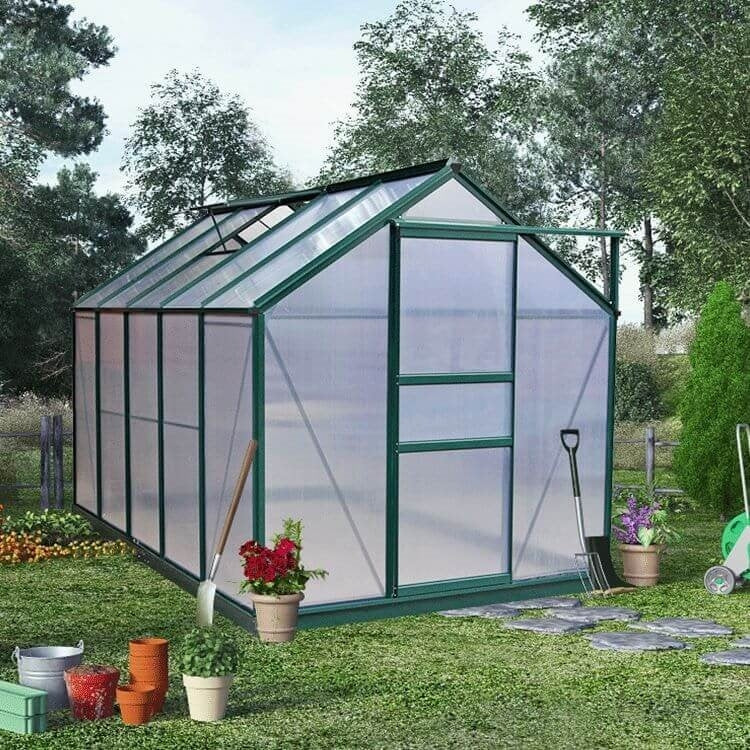 Polycarbonate & Aluminium Walk-in Greenhouse L382xW195x125/195cm Green (6mm Panel)