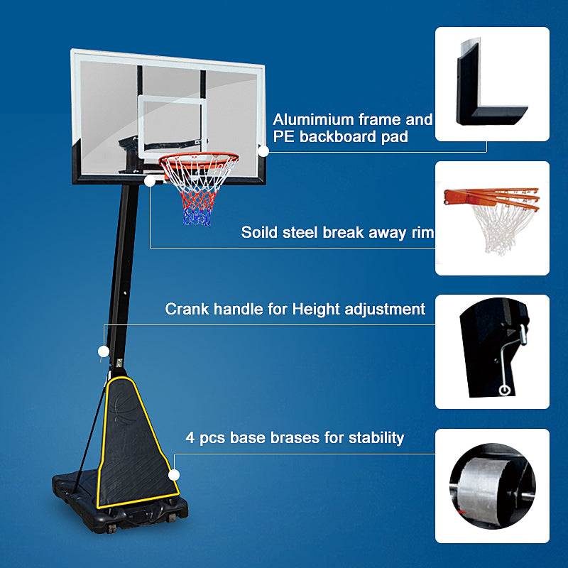 60 inch Portable XL Basketball Ring System Adjustable (2.3-3.05m) Backboard 152x90cm