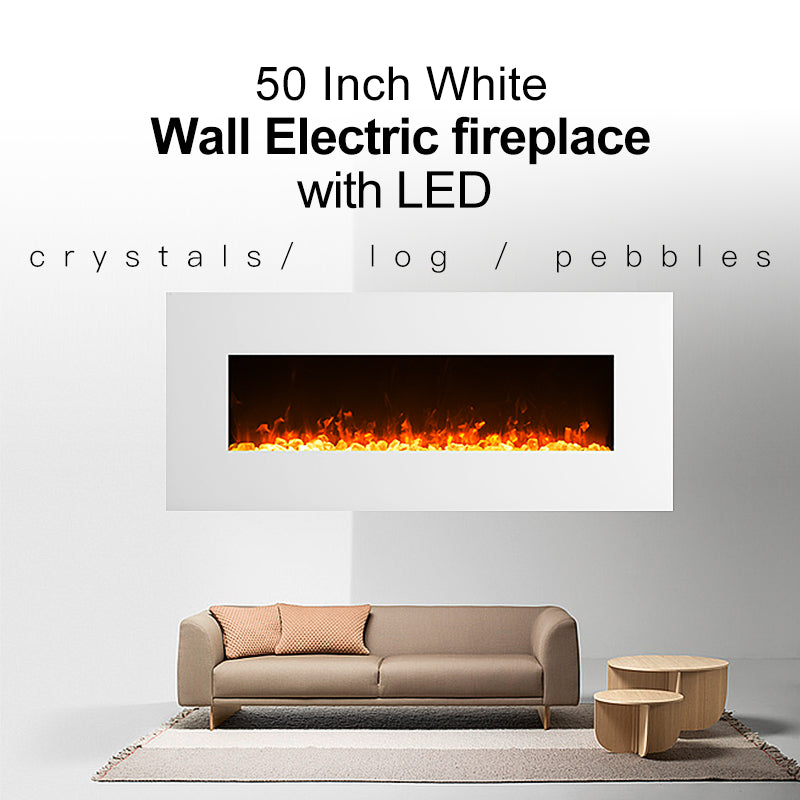 1500W 50" Wall Mounted White Electric Fireplace Heater Fire Flame No recess