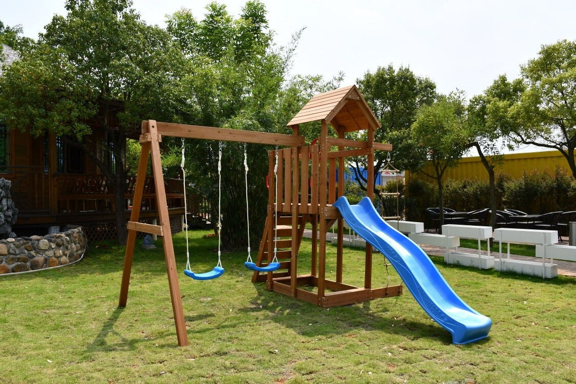 Outdoor Wooden Swing Climb & Slide Set Playset for Backyard 2200mm Slide